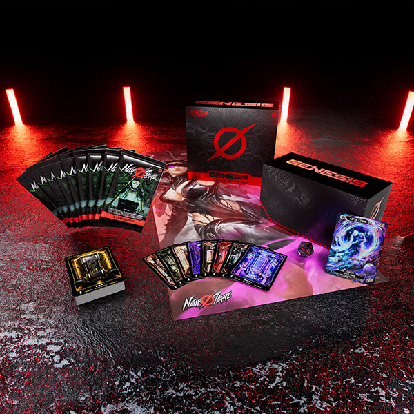 Neuroscape - Genesis Unlimited Collection of trading cards and game components on a dark surface with red lighting