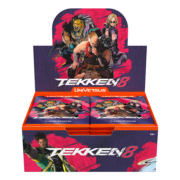Box of Tekken 8 trading card game booster packs with character artwork on a white background