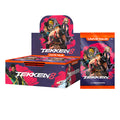 Tekken 8 UniVersus Trading Card Game booster box displayed alongside a single 11-card booster pack, featuring artwork of King, Nina Williams and Bryan Fury on a purple and pink design.