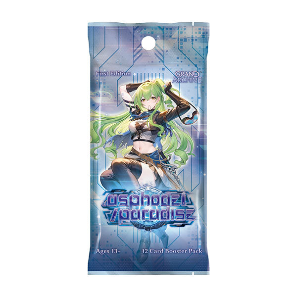 A 12 card booster pack from the Grand Archive, featuring an illustration of a green-haired anime character on a blue and light-blue circuit board background.