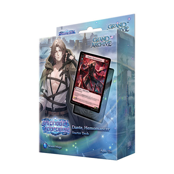 Grand Archive Dante, Hemomancer starter deck box, featuring character artwork and a card display mockup on a white background.