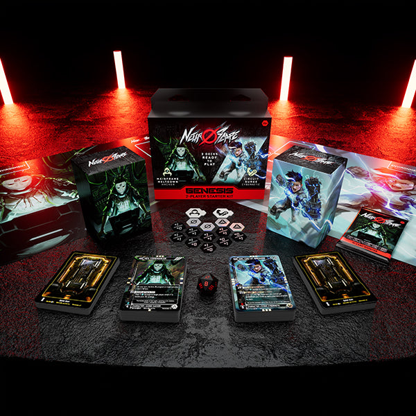 Card game components including cards, dice, and a box on a dark surface with red lighting.