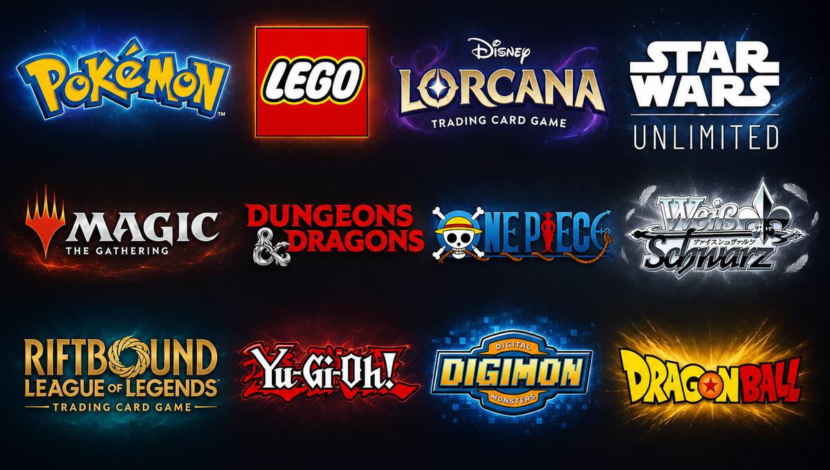 A collage of multiple trading card game logos on a dark background, including Pokémon, LEGO, Disney Lorcana Trading Card Game, Star Wars Unlimited, Magic: The Gathering, Dungeons & Dragons, One Piece, Master of Orion Schwarz, Riftbound League of Legends, Yu-Gi-Oh!, Digimon, and Dragon Ball.