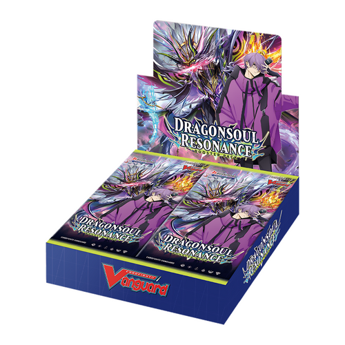 A display box of Dragon Soul Resonance trading card packs with anime artwork of a purple-haired character and a dragon, branded with Cardfight!! Vanguard.