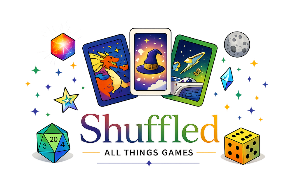 Logo of 'Shuffled: All Things Games' with colorful game cards and dice on a white background.