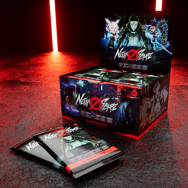 Neuroscape Genesis trading card game box with cards on a dark surface with red lighting