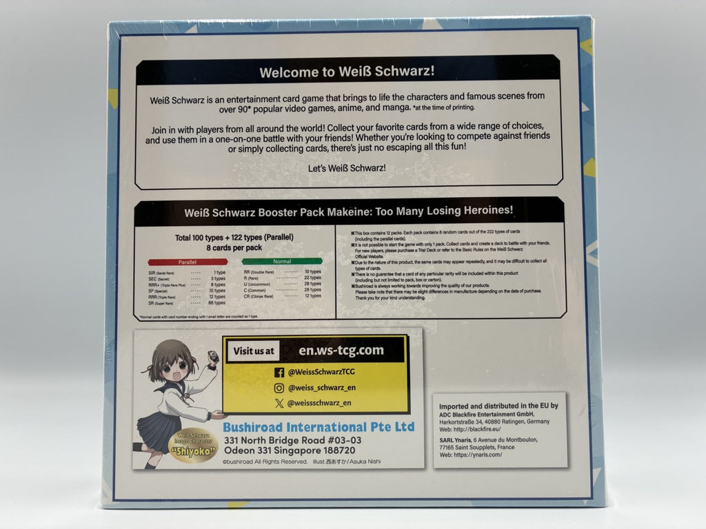 Back of a Weil Schwarz booster pack package, showing product information, rules text, a website box, and a small anime character illustration on a white background.