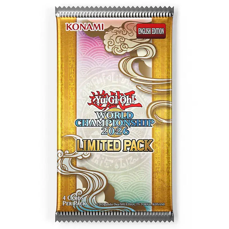 A sealed Yu-Gi-Oh! World Championship 2026 Limited Pack card pack from Konami, featuring a gold and white traditional Japanese design with red and blue text accents.