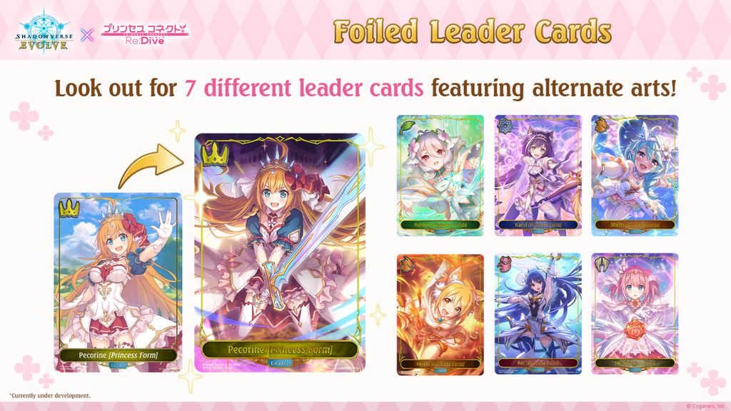 Promotional image of foiled leader cards with alternate arts featuring anime-style characters on a pink background.
