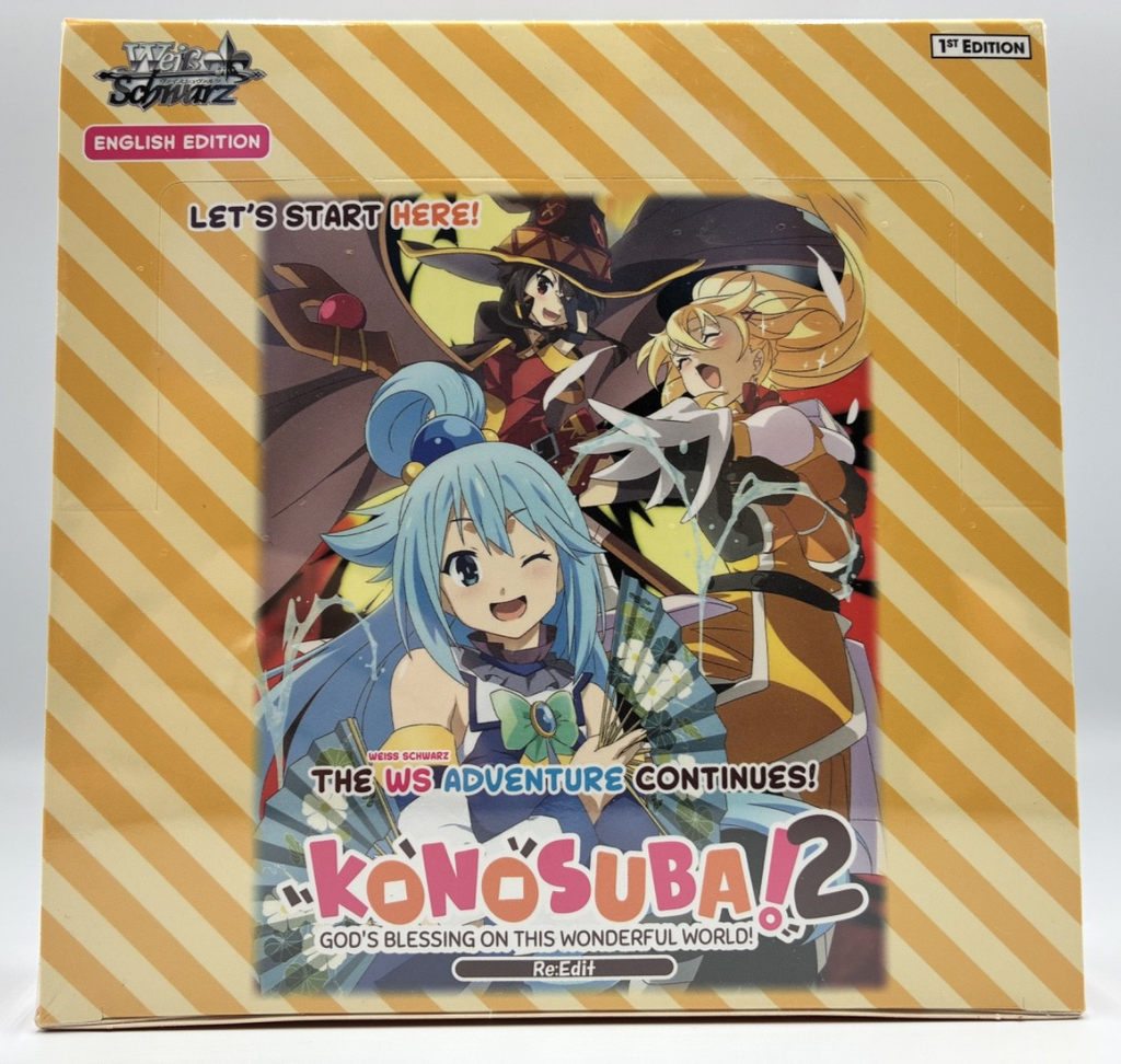 Konosuba! 2 1st Edition English Edition game box art featuring anime characters on a yellow and orange striped background.