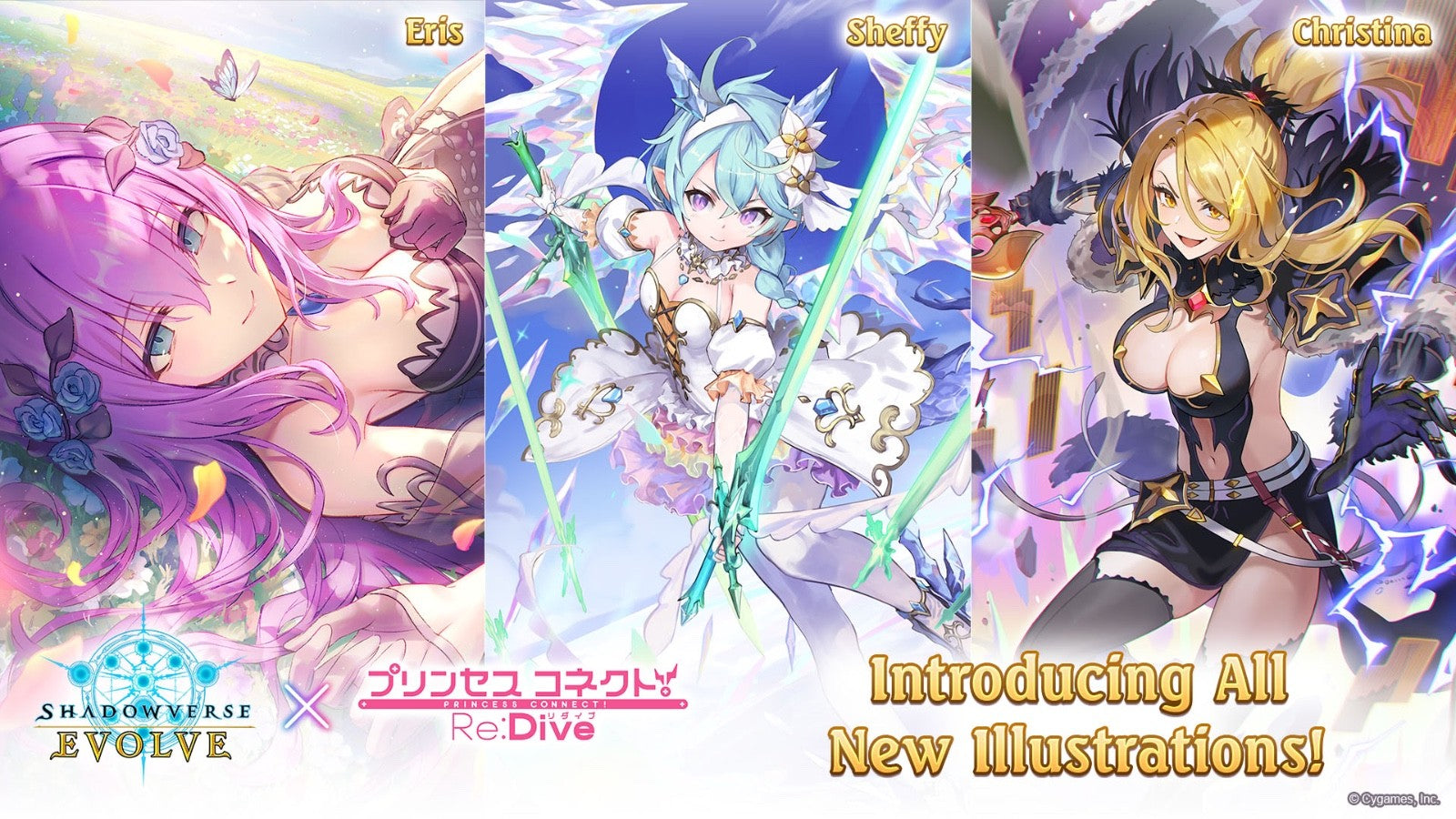 Three animated characters with colorful hairstyles and outfits, featuring promotional text for 'Shadowverse Evolve' and 'Princess Connect Re:Dive'.