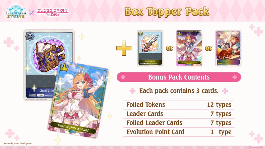 Card game box topper pack with character cards and bonus content details on a pink background.