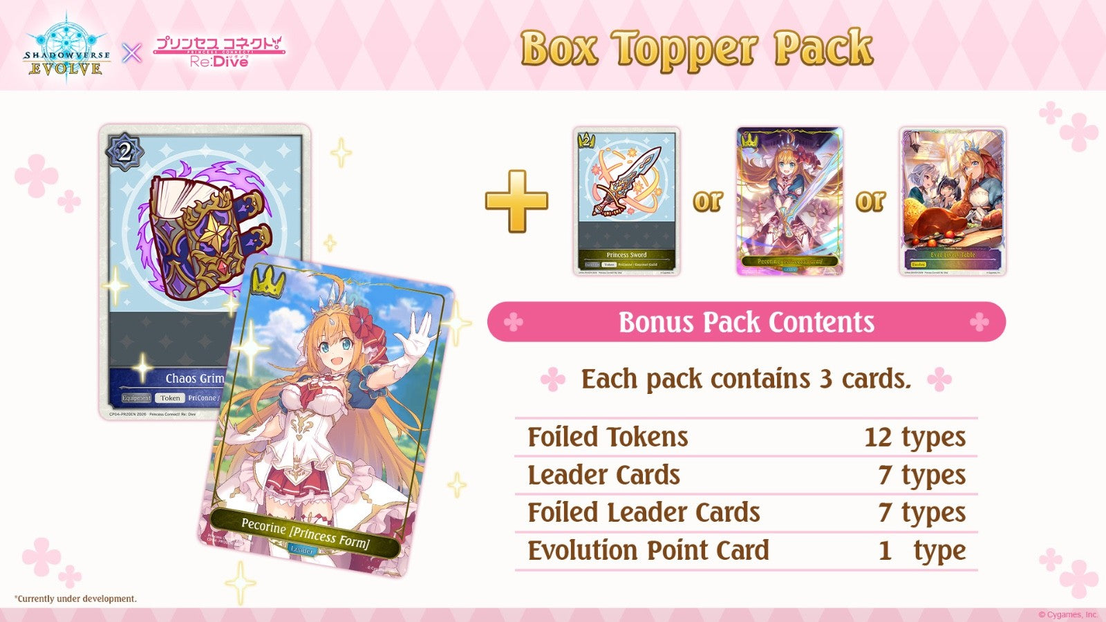 Card game box topper pack with character cards and bonus content details on a pink background.