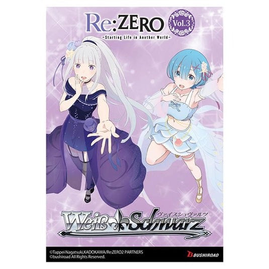 Anime character poster for 'Re:ZERO' with two characters on a purple background