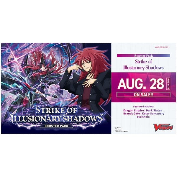 'Strike of Illusionary Shadows' booster pack shown next to its official August 28th sale card on a plain white background.