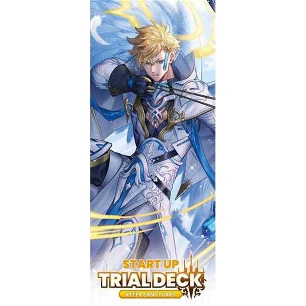 Image of an anime character in blue and silver pulling back a bow