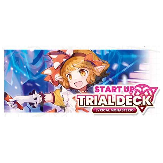 Promotional banner artwork for Start Up Trialdeck Lyrical Monasterio, featuring an anime-style character with orange hair and cat ears against a blue abstract background, with the title text on the right.