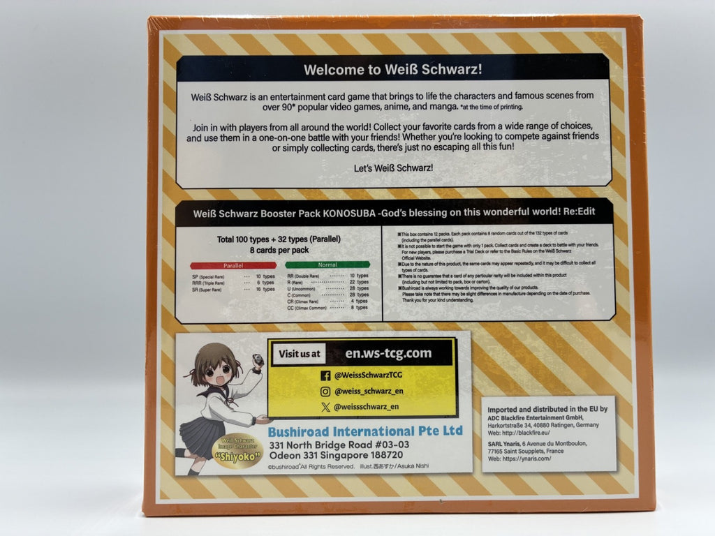 The back of a Weisschwarz! booster pack card pack, featuring product information, a visitor card, and shipping details on a brown and gold striped background.