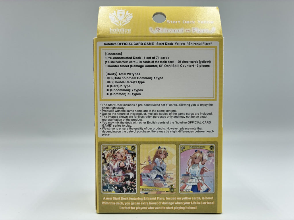 The back of a gold-colored starter deck box for a card game, showing product details, contents, and three example character cards on a light gray background.