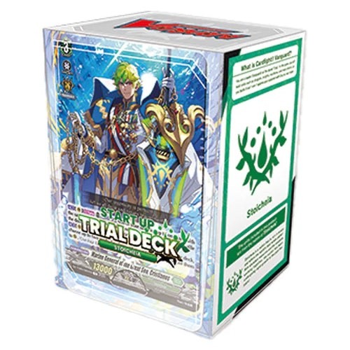 A start up trial deck box in white and green with a anime character on the front wearing gold and white